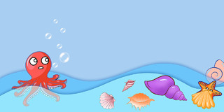 蓝色卡通唯美可爱卡通乌贼海洋生物田螺贝壳海星展板背景
